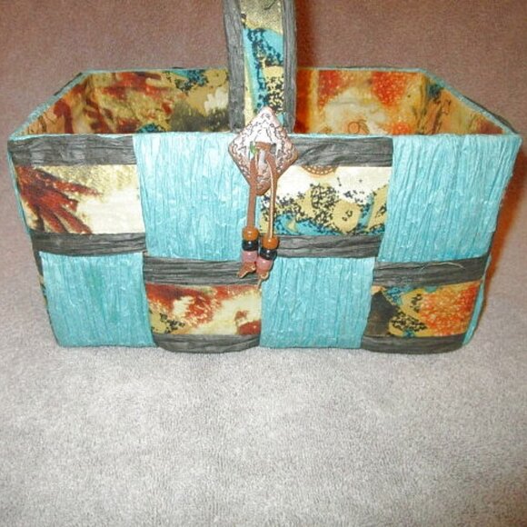 Time-Crafters PATCHWORK Raffia BASKET Crafted HANDMADE Lined BEADS Artisan 80s - Picture 2 of 10
